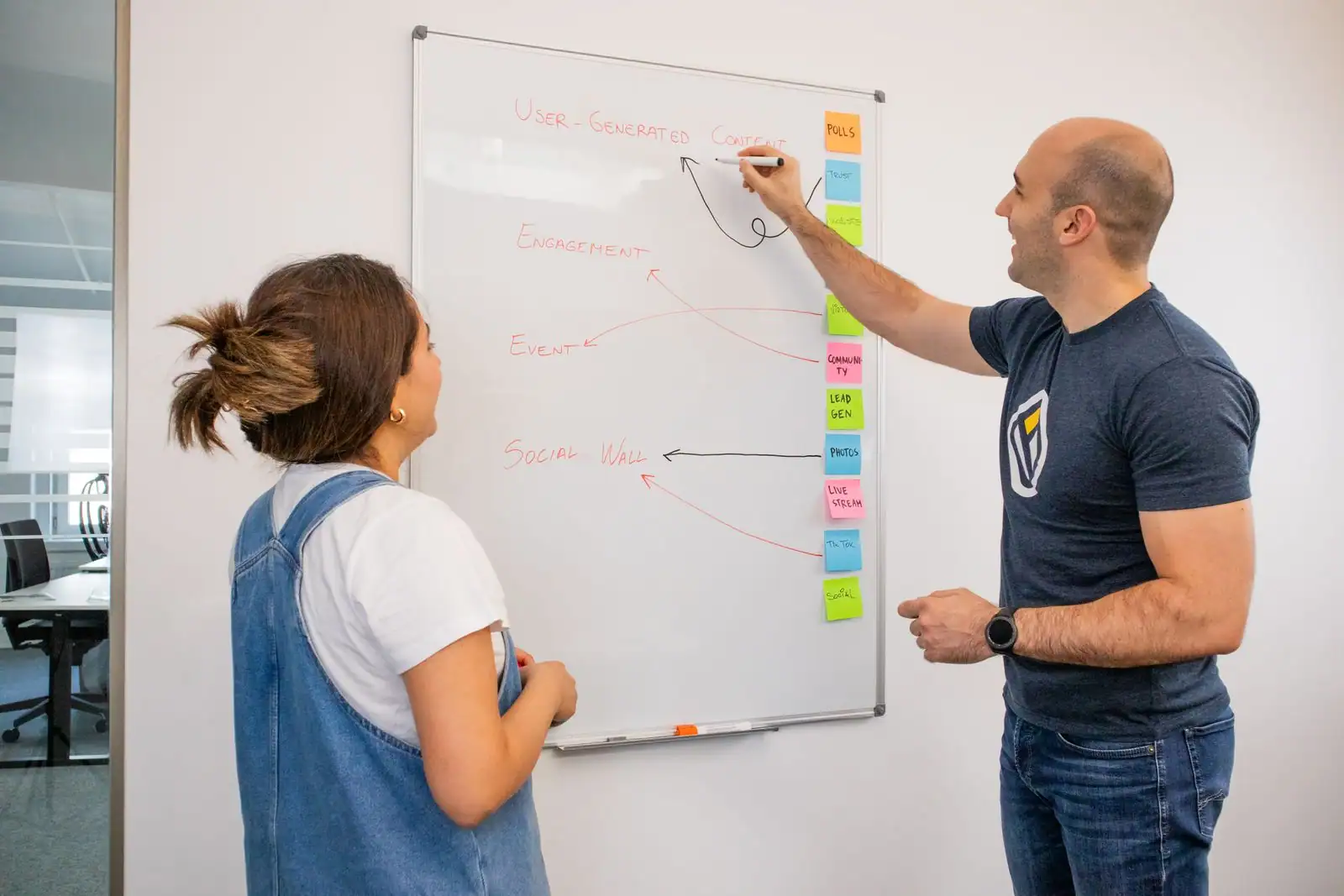 Deux personnes esquissant une stratégie marketing au tableau blanc, couvert de notes adhésives colorées